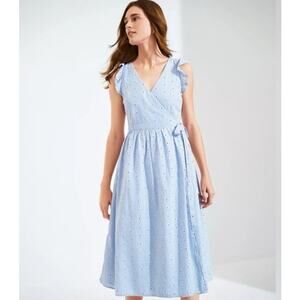 LOFT Wrap Midi Dress L Blue Eyelet 100% Cotton Ruffle Sleeves Summer Sundress